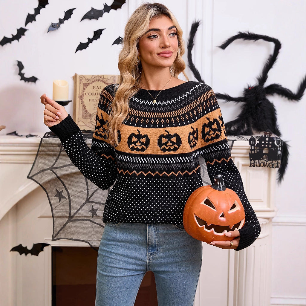 Women's Halloween Pumpkin Embroidered Retro Long-sleeved Swe | Other