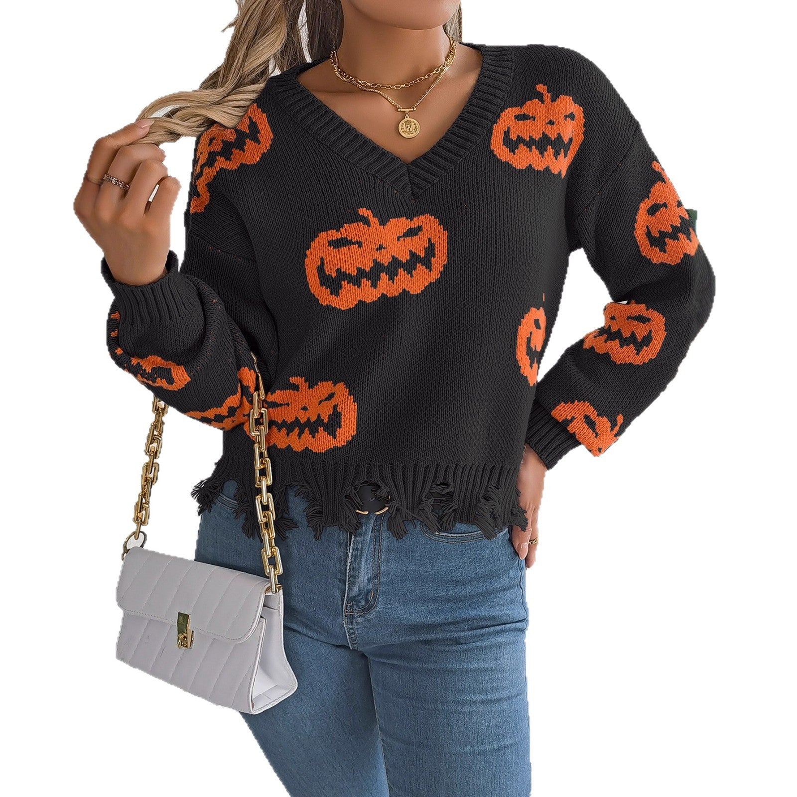 Halloween Contrast Color Pumpkin Cut Long Sleeve Sweater | Other