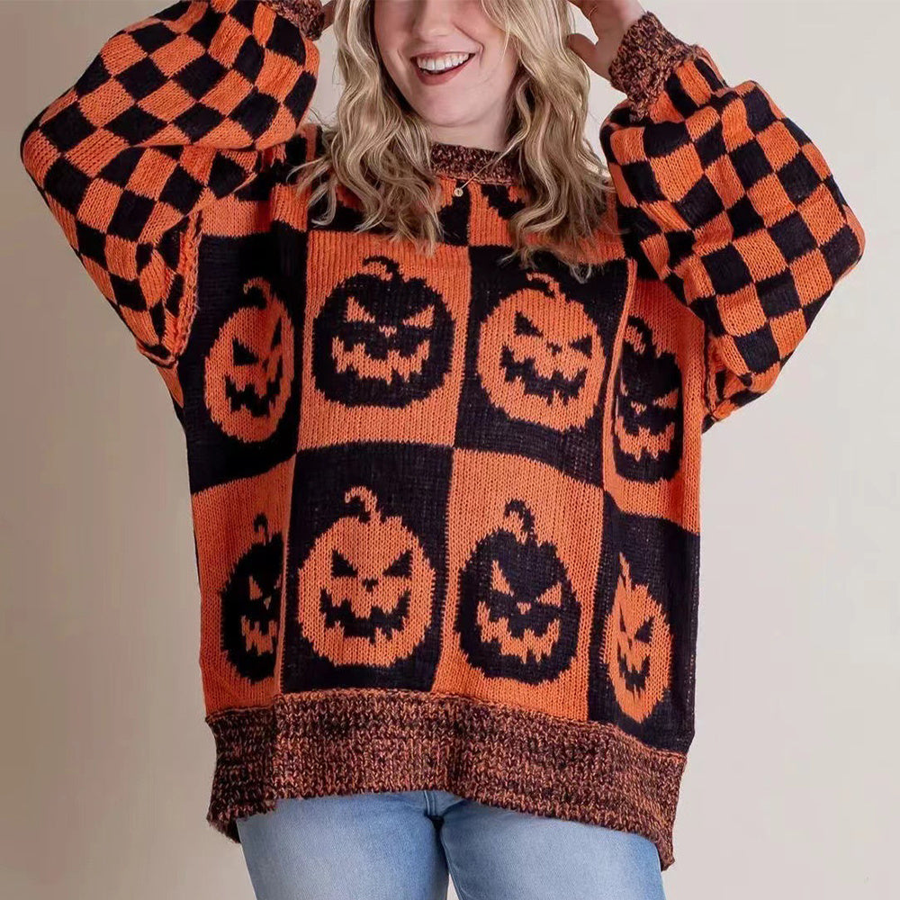 Halloween Cartoon Ghost And Checkerboard Print Pullover Swea | Other