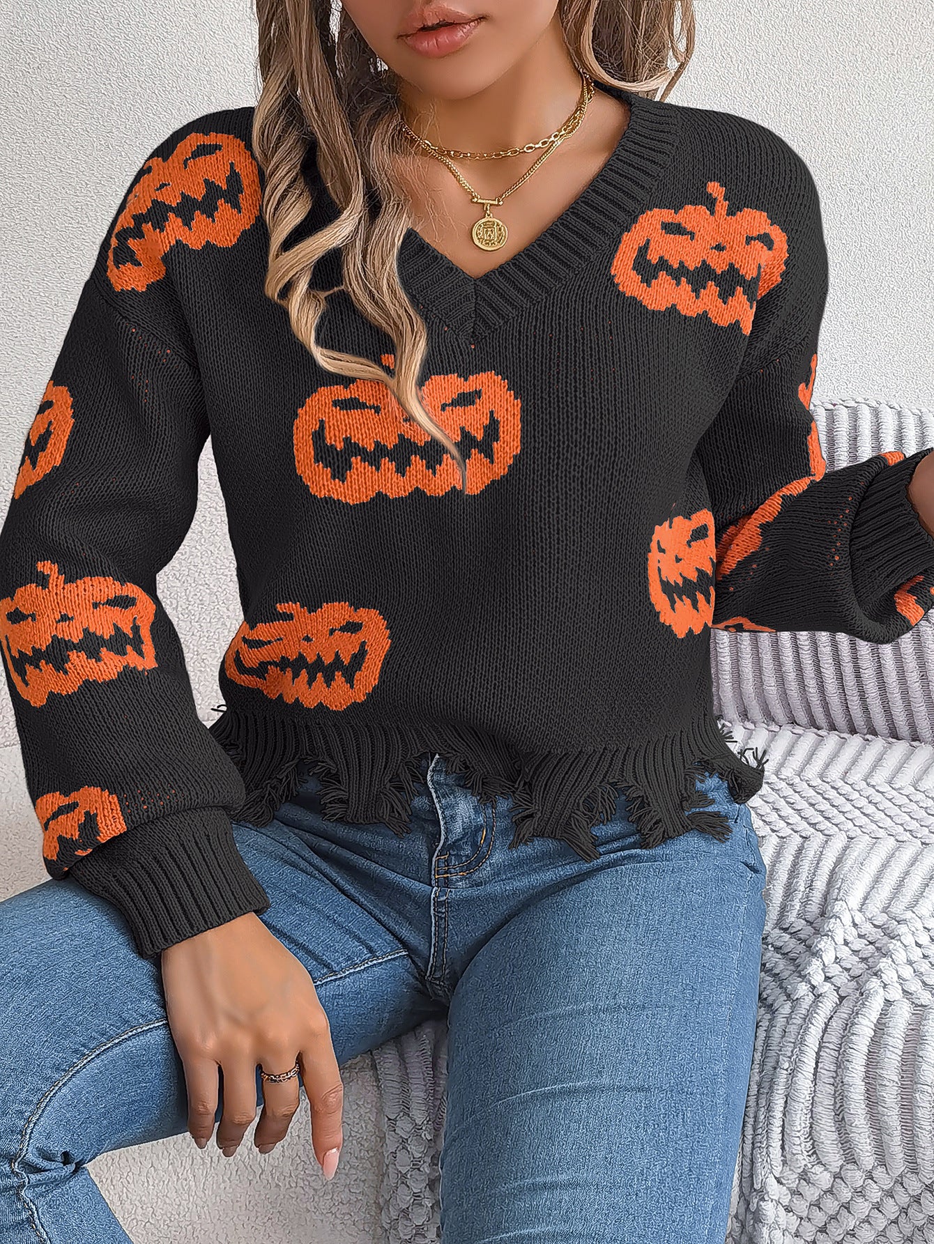 Halloween Contrast Color Pumpkin Cut Long Sleeve Sweater | Other