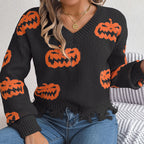 Halloween Contrast Color Pumpkin Cut Long Sleeve Sweater | Other