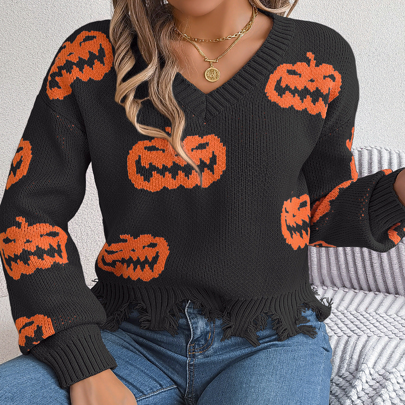 Halloween Contrast Color Pumpkin Cut Long Sleeve Sweater | Other