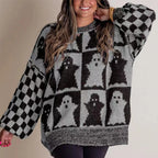 Halloween Cartoon Ghost And Checkerboard Print Pullover Swea | Other