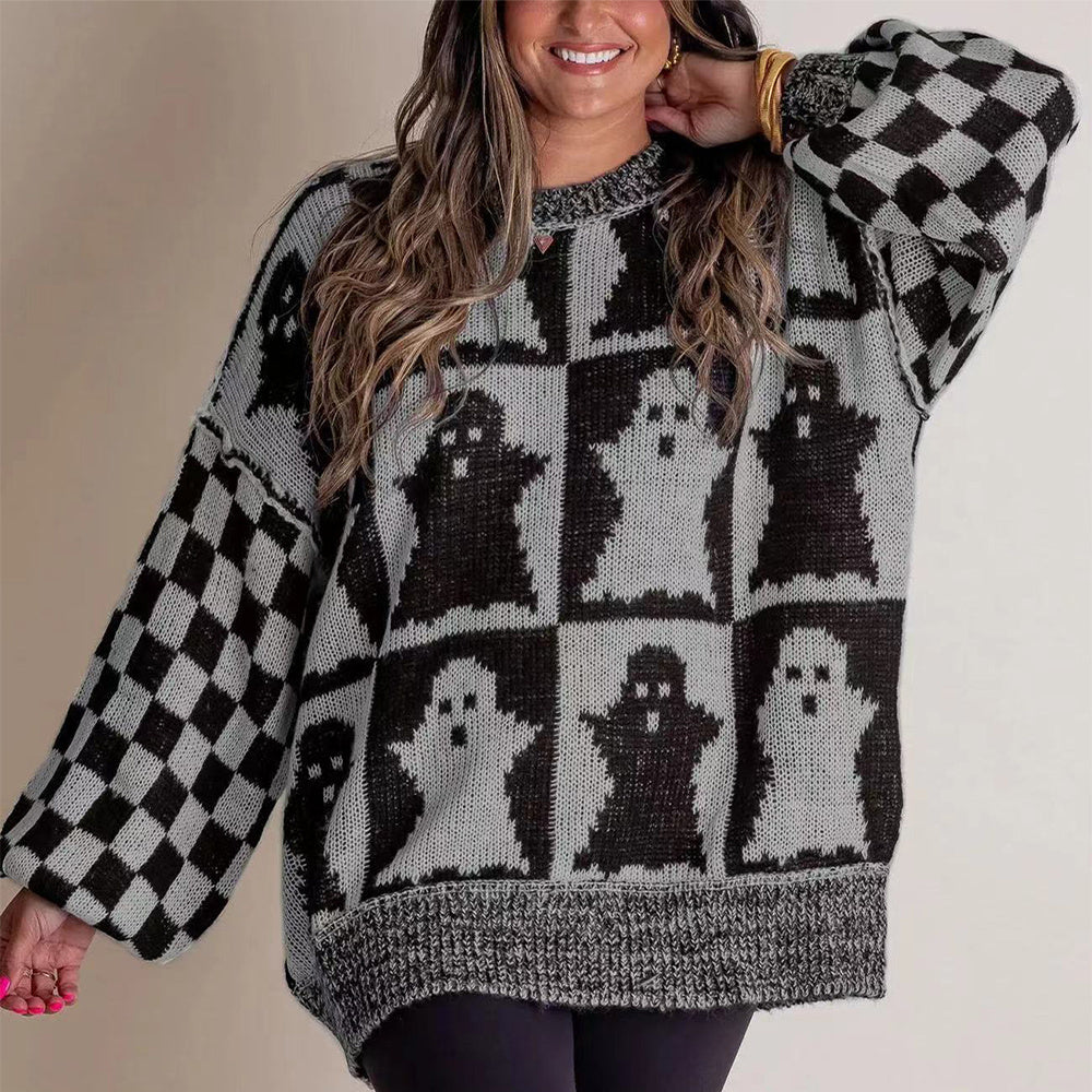 Halloween Cartoon Ghost And Checkerboard Print Pullover Swea | Other