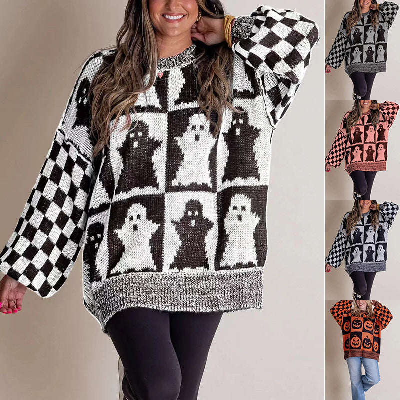 Halloween Cartoon Ghost And Checkerboard Print Pullover Swea | Other