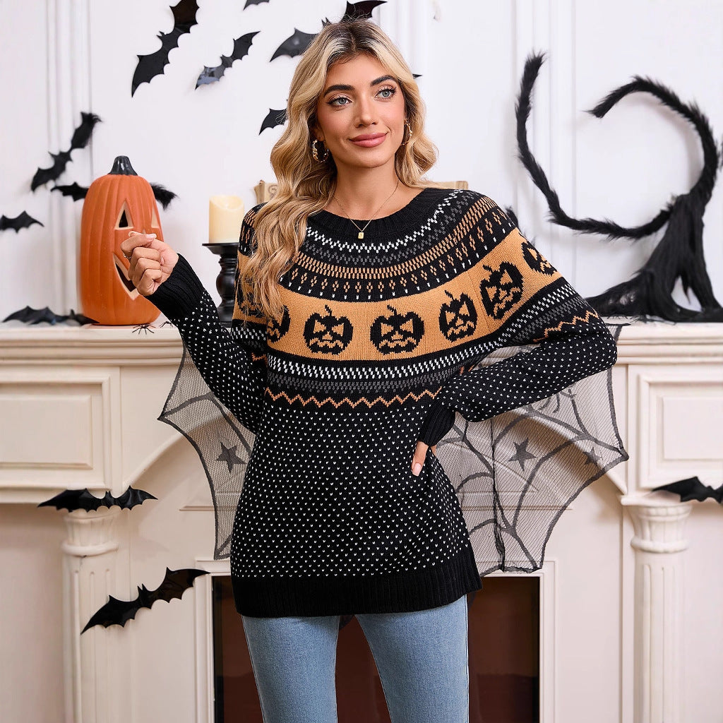 Women's Halloween Pumpkin Embroidered Retro Long-sleeved Swe | Other