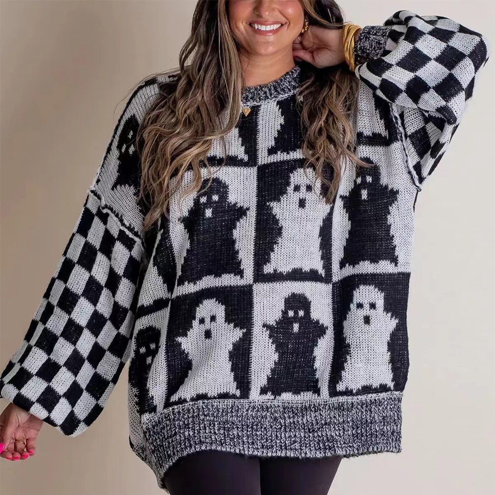 Halloween Cartoon Ghost And Checkerboard Print Pullover Swea | Other
