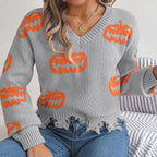 Halloween Contrast Color Pumpkin Cut Long Sleeve Sweater | Other