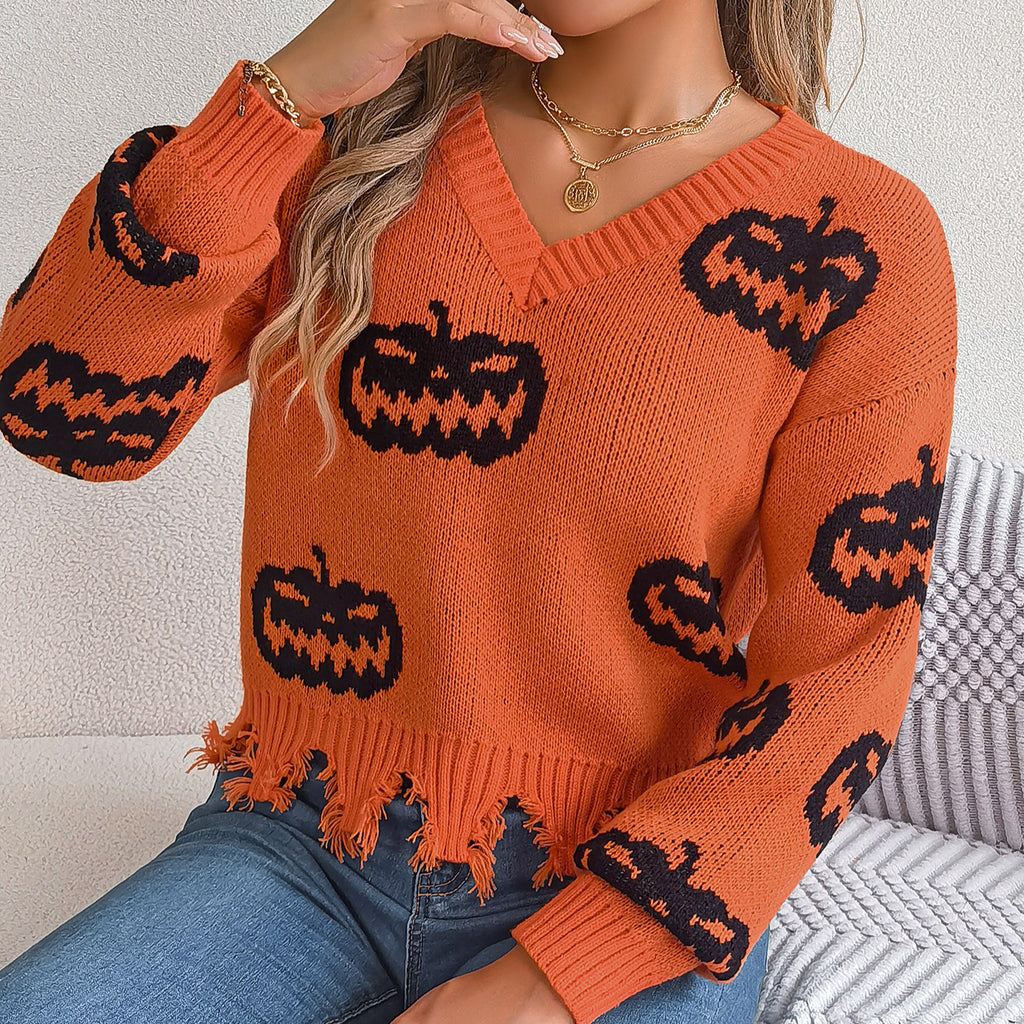 Halloween Contrast Color Pumpkin Cut Long Sleeve Sweater | Other