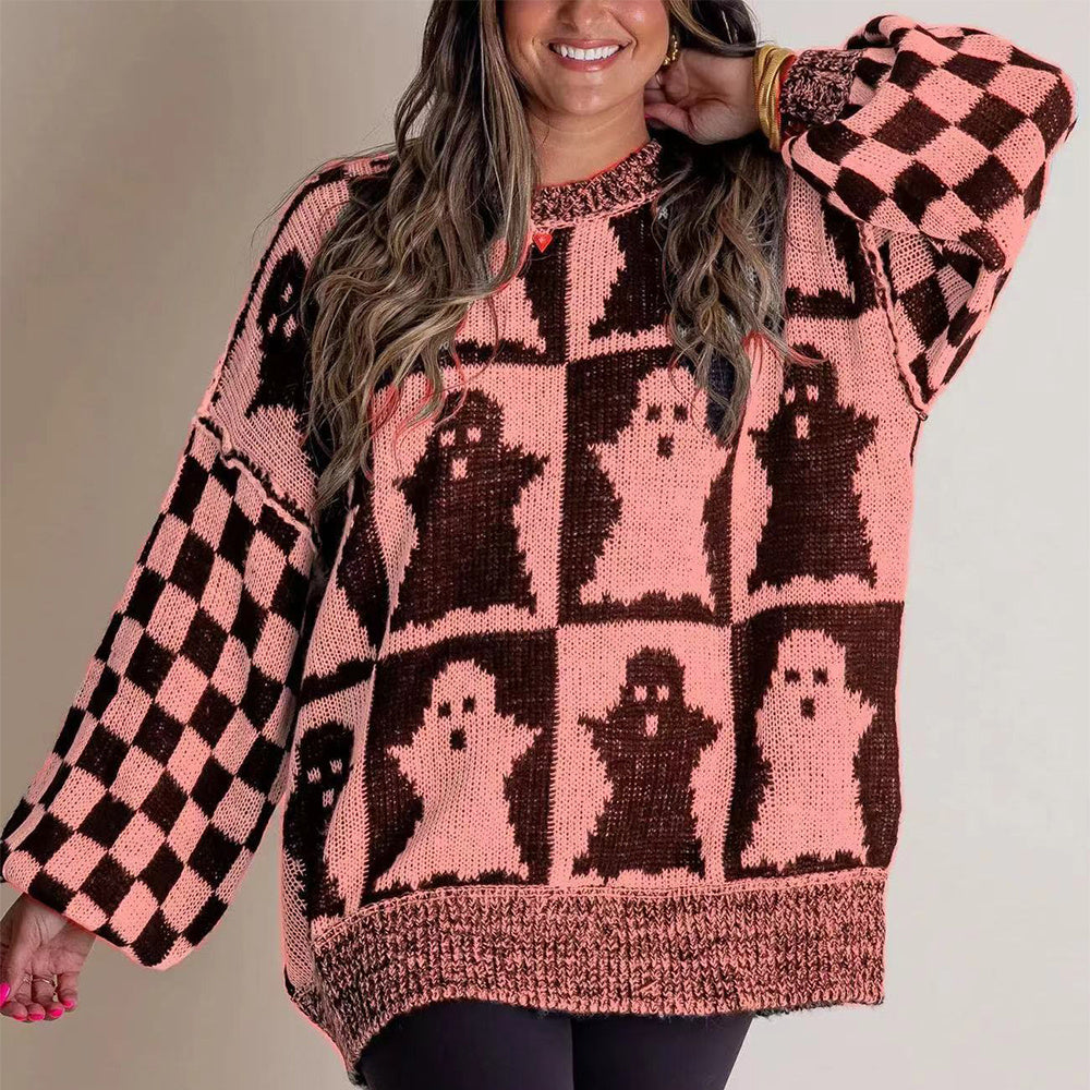 Halloween Cartoon Ghost And Checkerboard Print Pullover Swea | Other