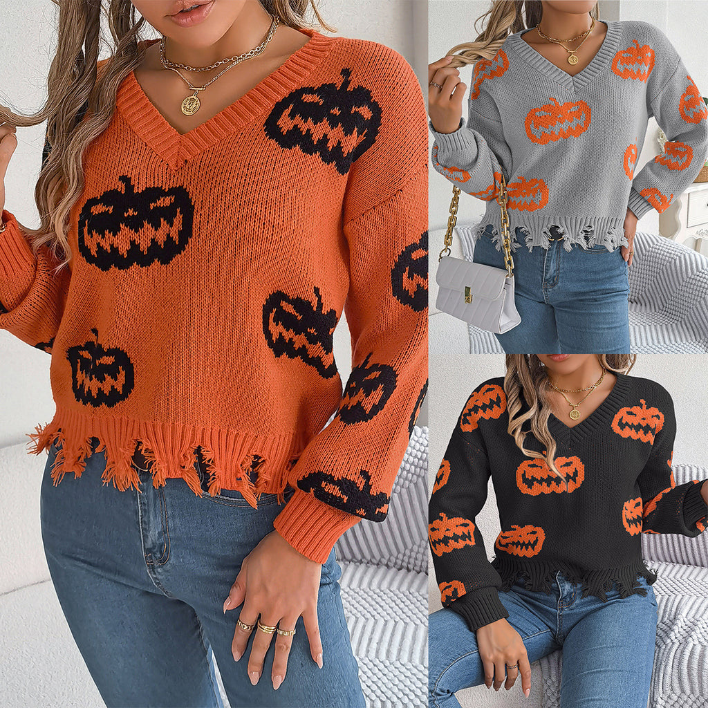 Halloween Contrast Color Pumpkin Cut Long Sleeve Sweater | Other
