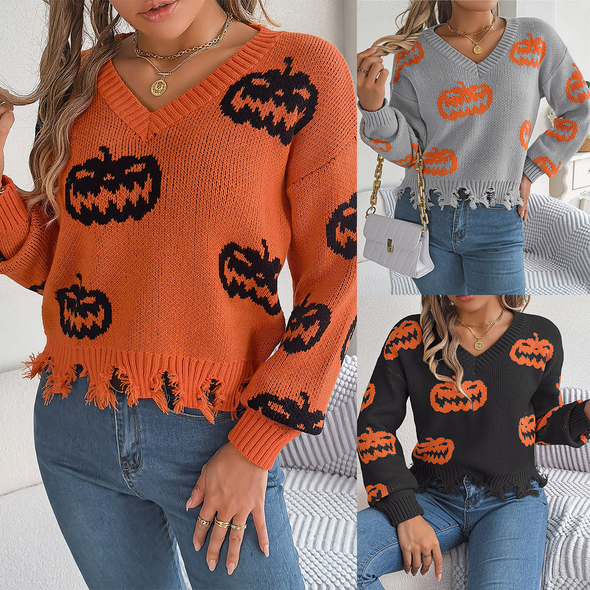 Halloween Contrast Color Pumpkin Cut Long Sleeve Sweater | Other