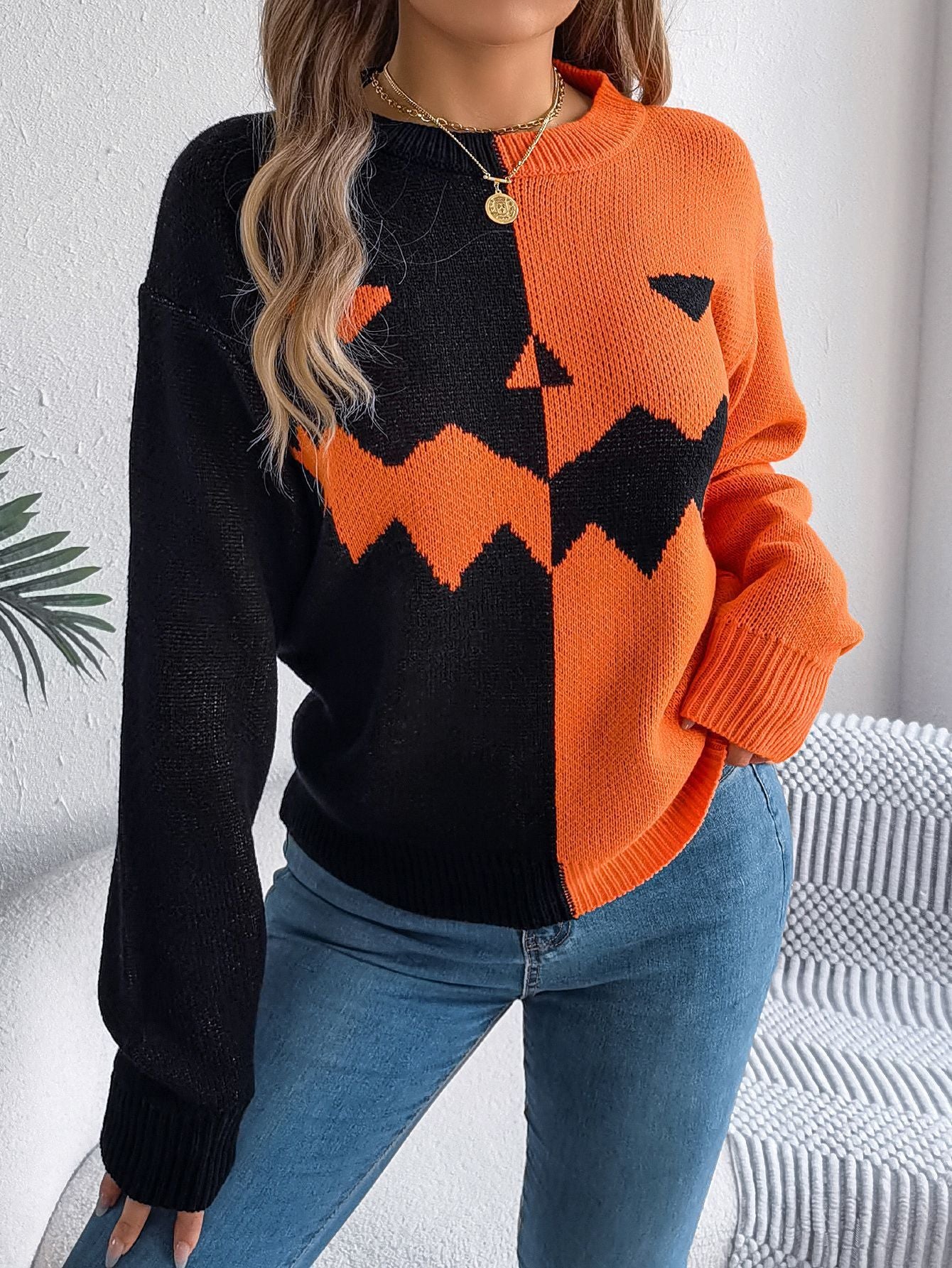Halloween Contrast-color Pullover Sweater Fashion Long Sleev | Other