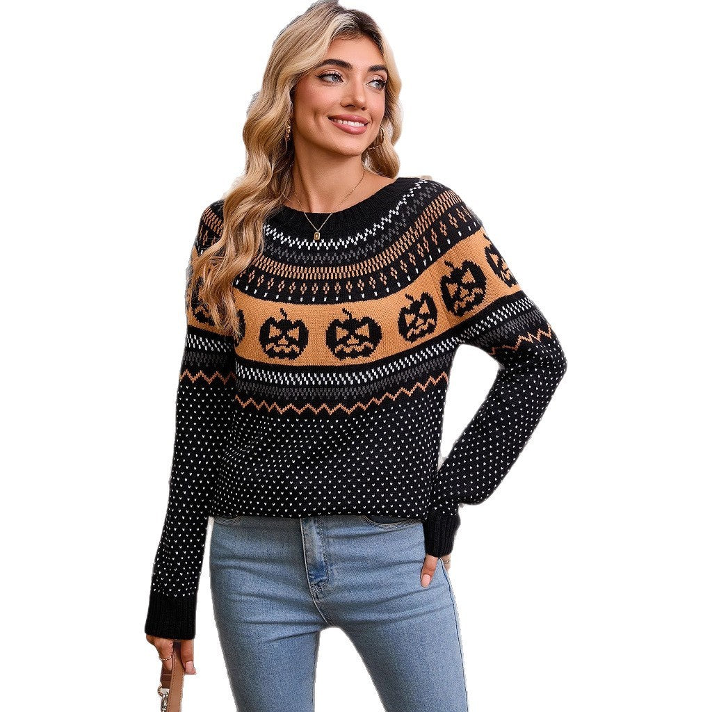 Women's Halloween Pumpkin Embroidered Retro Long-sleeved Swe | Other