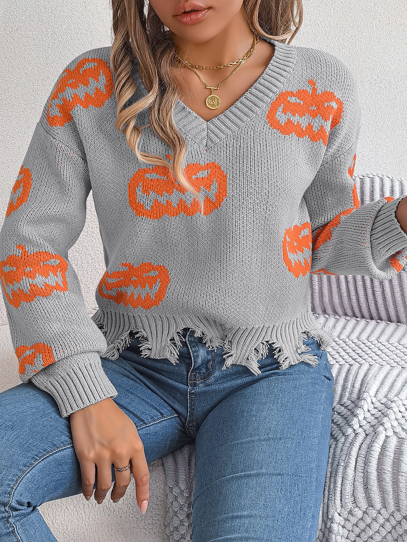 Halloween Contrast Color Pumpkin Cut Long Sleeve Sweater | Other