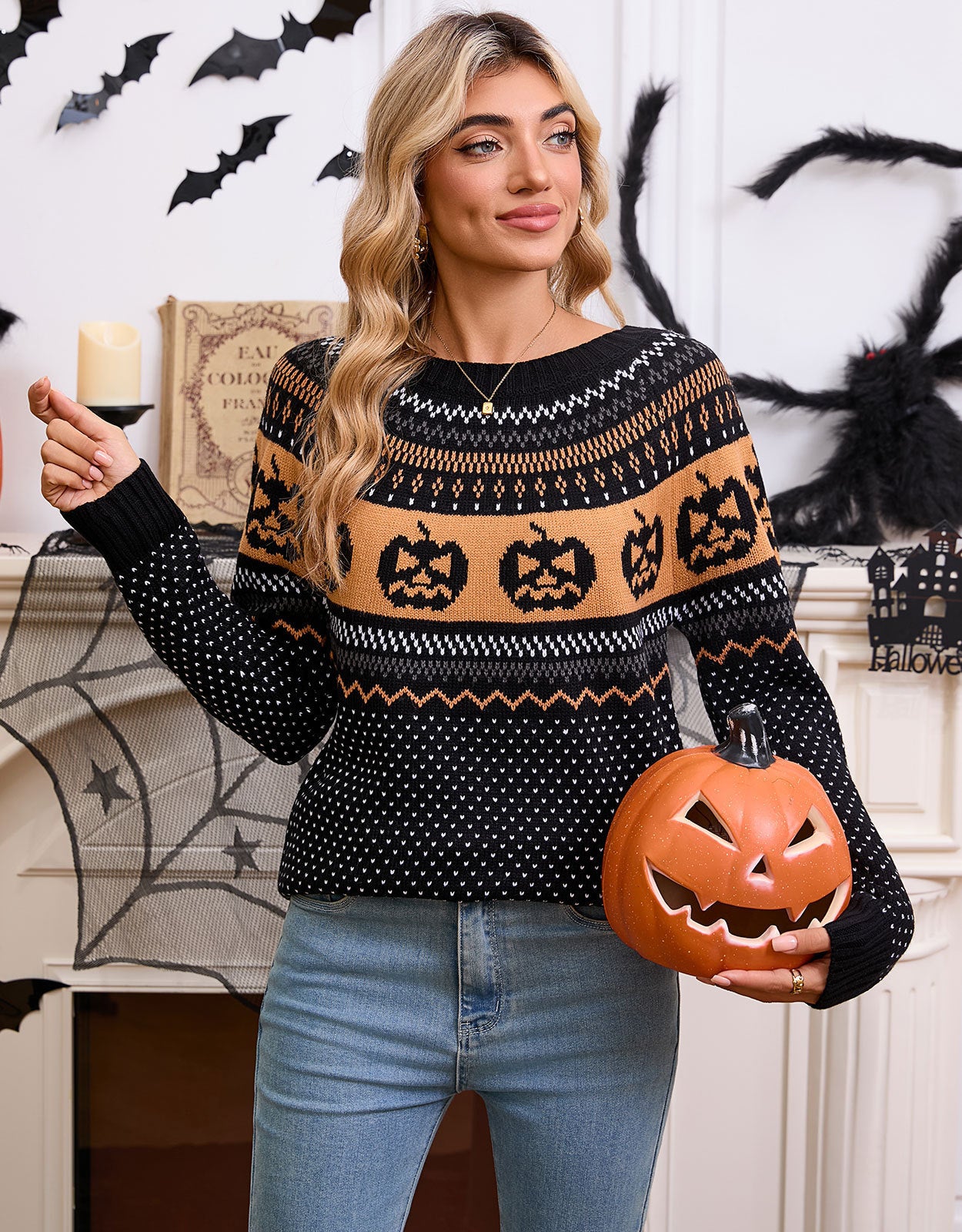 Women's Halloween Pumpkin Embroidered Retro Long-sleeved Swe | Other