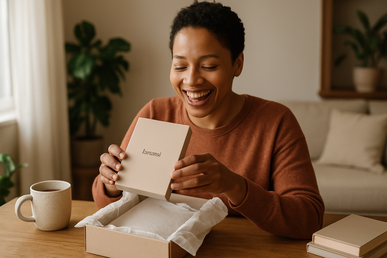 Create an image of Smiling Lifestyle Photo – A happy customer unboxing a package or enjoying your product → builds trust & relatability.