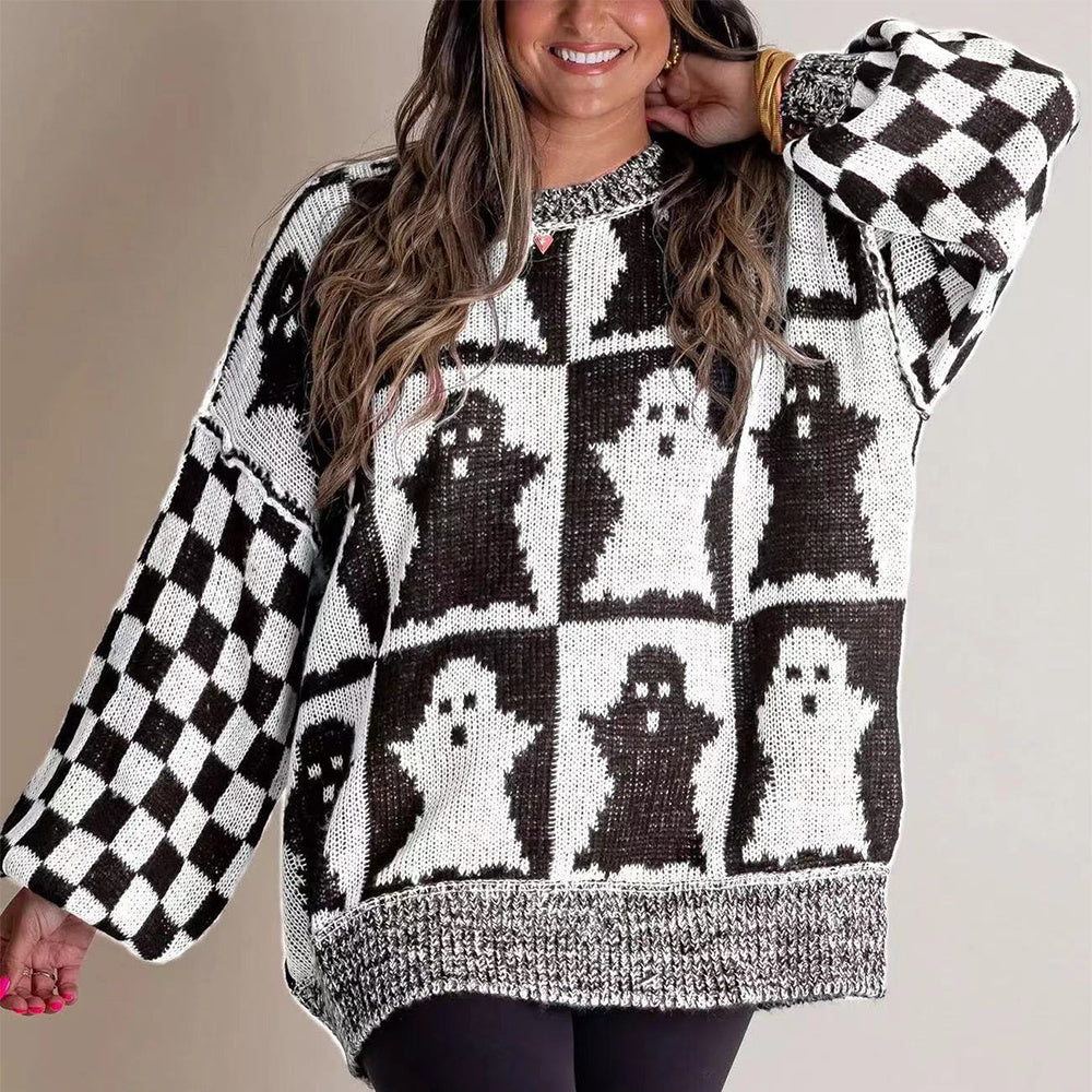 Halloween Cartoon Ghost And Checkerboard Print Pullover Swea | Other
