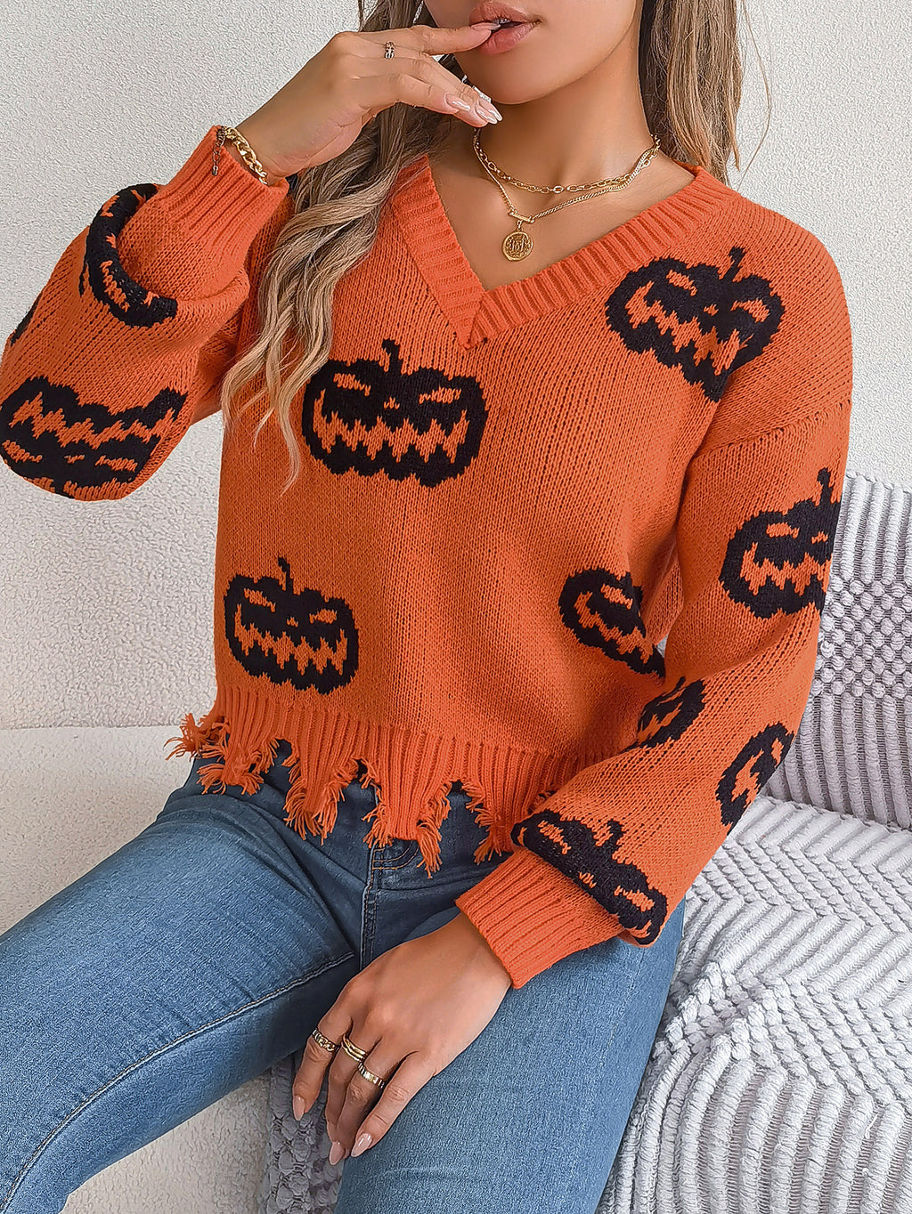 Halloween Contrast Color Pumpkin Cut Long Sleeve Sweater | Other