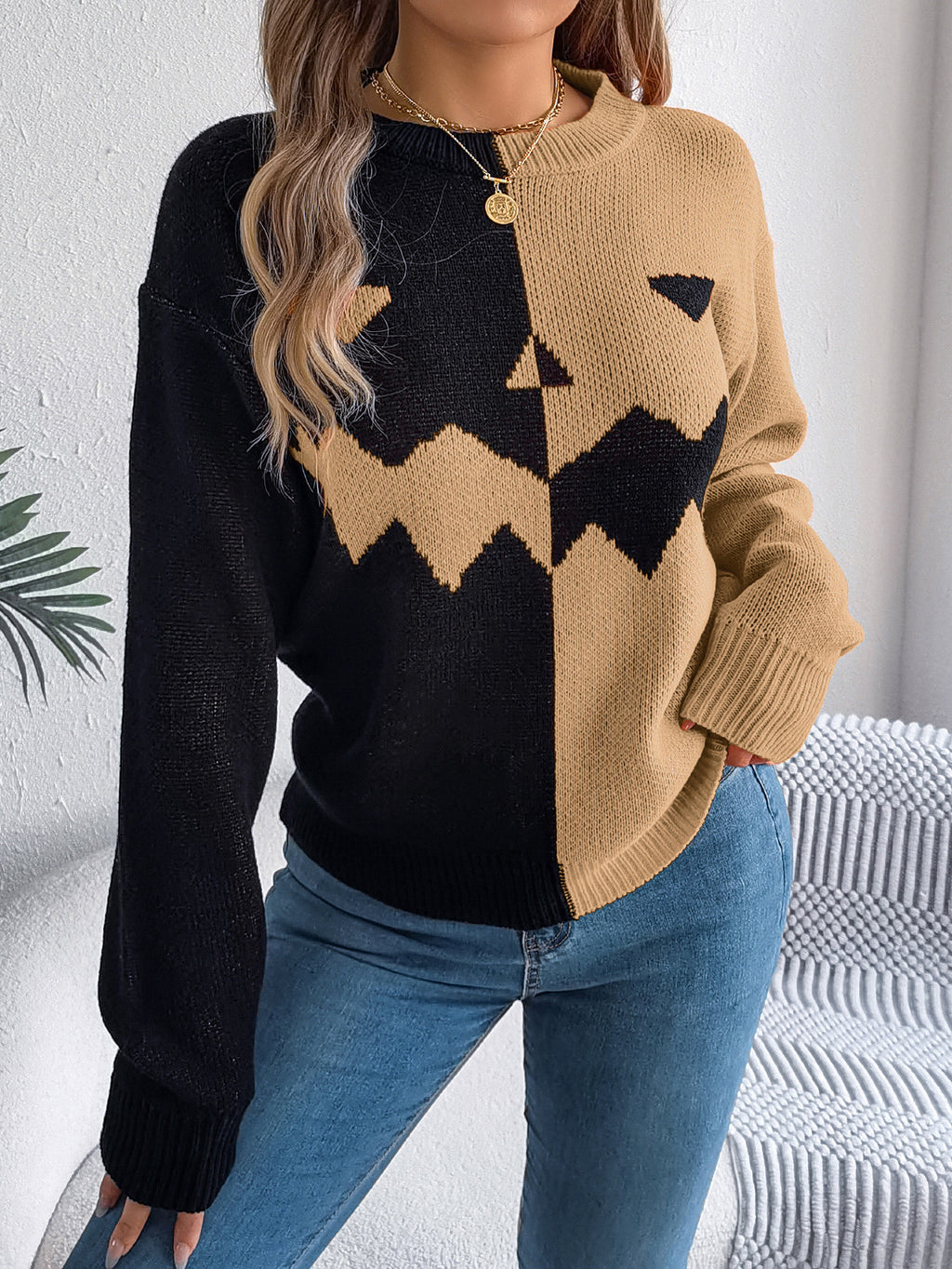Halloween Contrast-color Pullover Sweater Fashion Long Sleev | Other