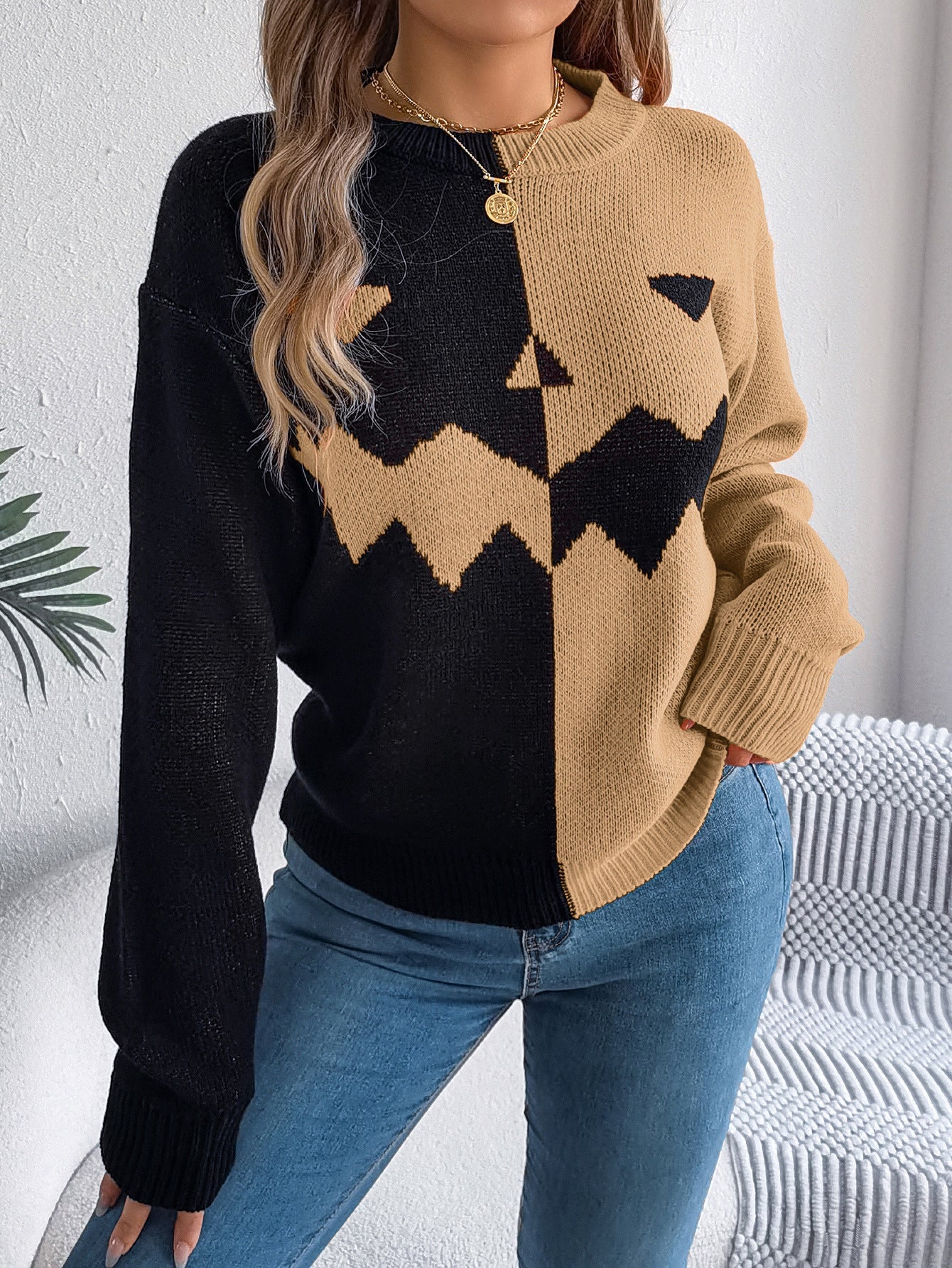 Halloween Contrast-color Pullover Sweater Fashion Long Sleev | Other