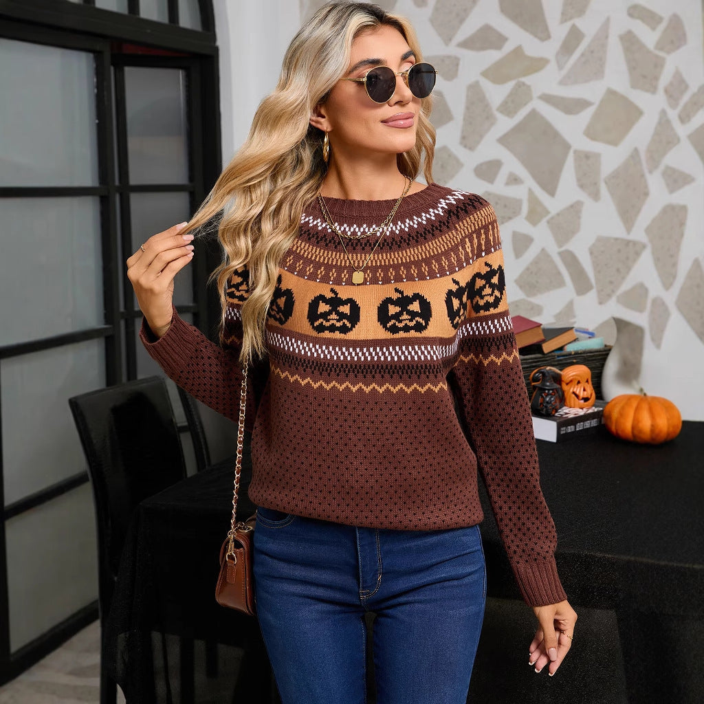 Women's Halloween Pumpkin Embroidered Retro Long-sleeved Swe | Other